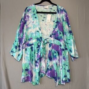 Simple by Suzanne Betro Womens Boho Tie Front Kimono Size 1X Tie Dye Tropical